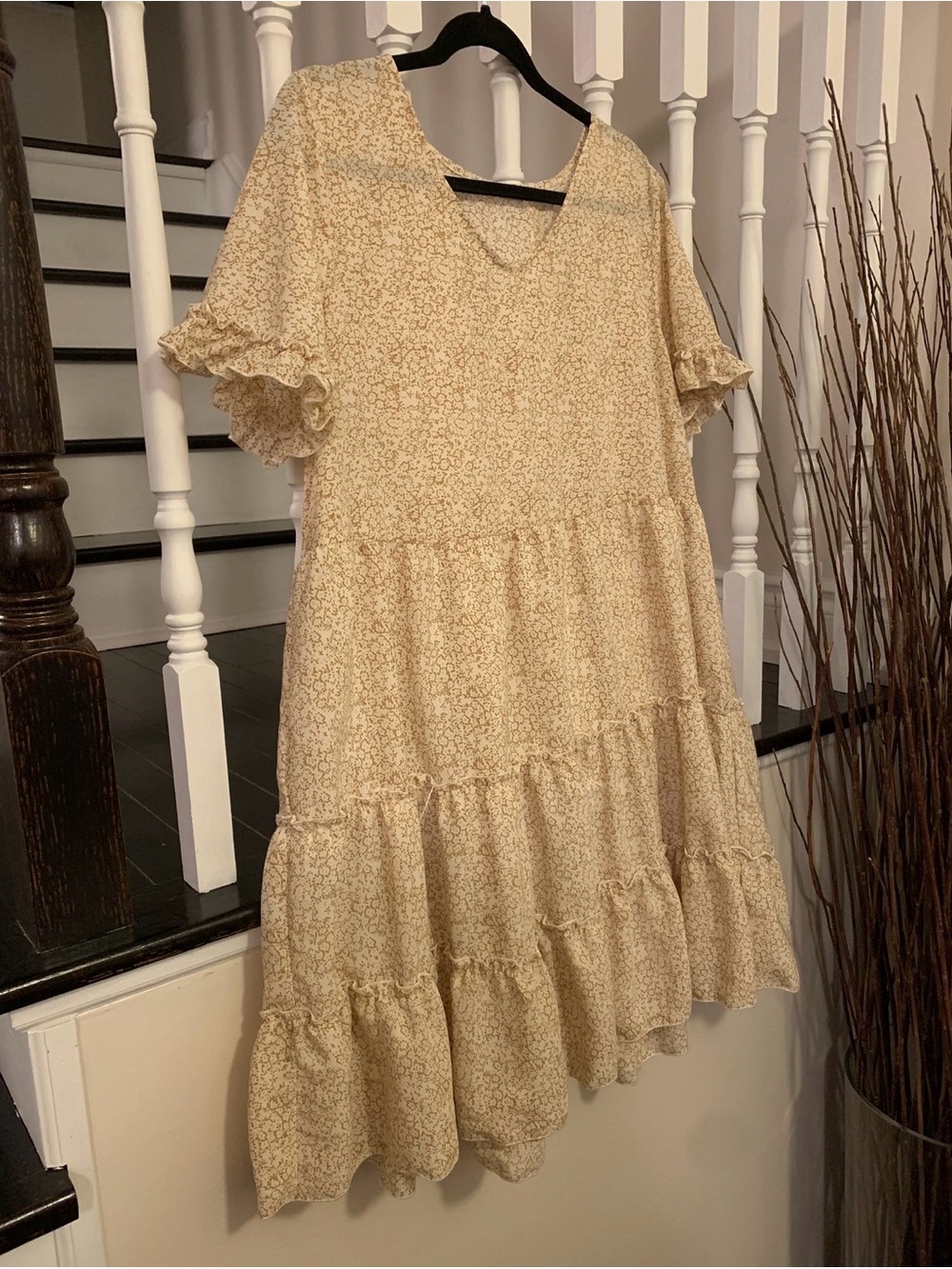 Ces Femme Light Yellow Floral Tiered Midi Dress